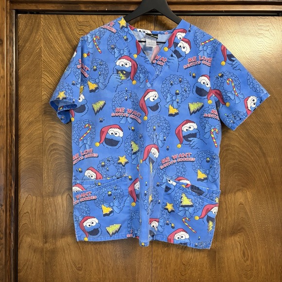 Sesame Street Tops - Sesame Street Cookie Monster Santa Christmas Medium Blue Scrub Top Kidcore